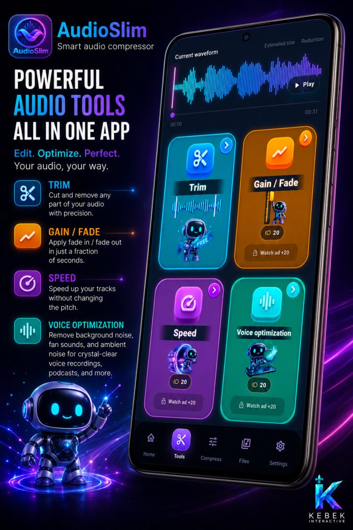 AudioSlim trim, gain fade, speed, and voice optimization tools