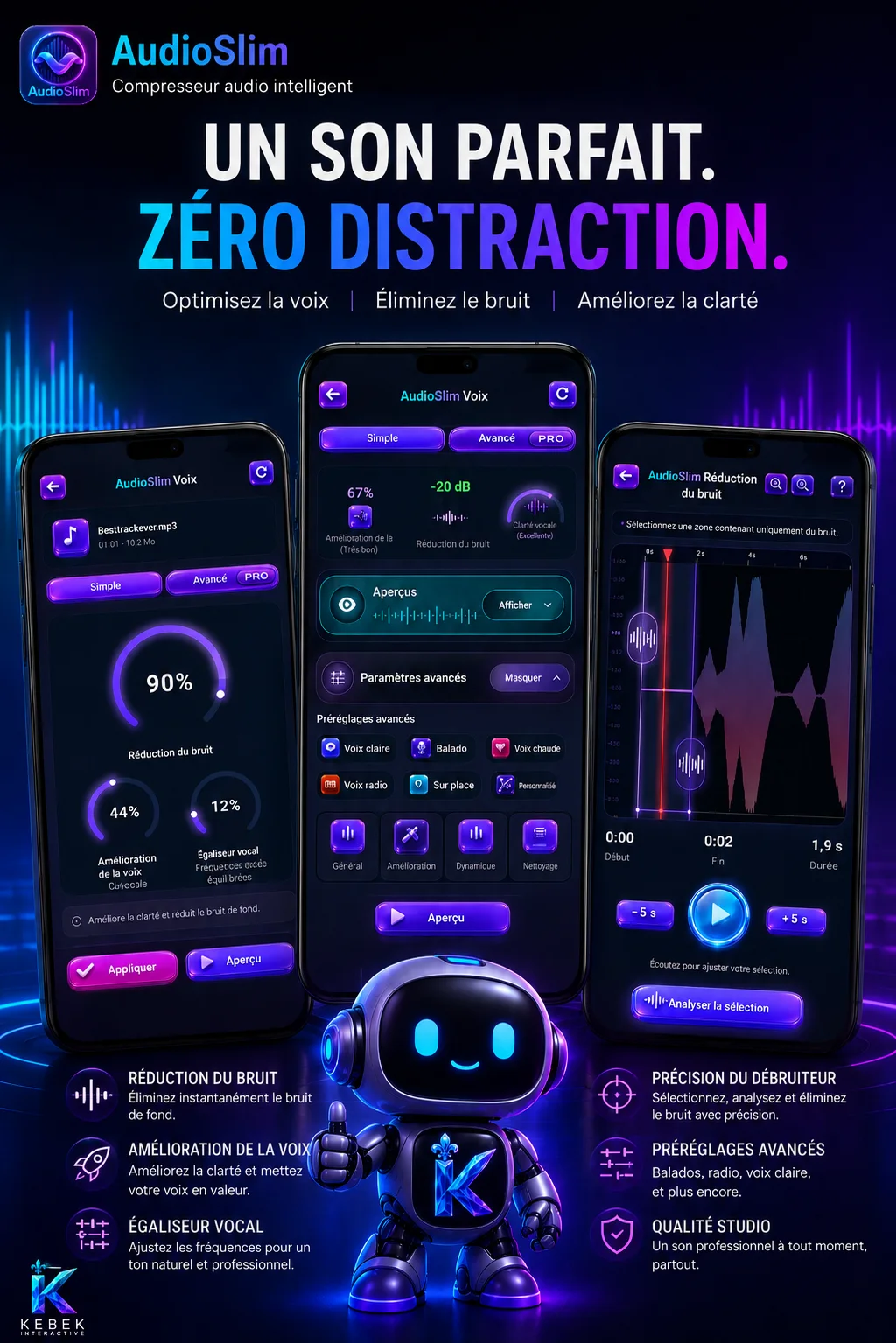 Imagen promocional de AudioSlim sobre un sonido perfecto sin distracciones para optimizar la voz en Android