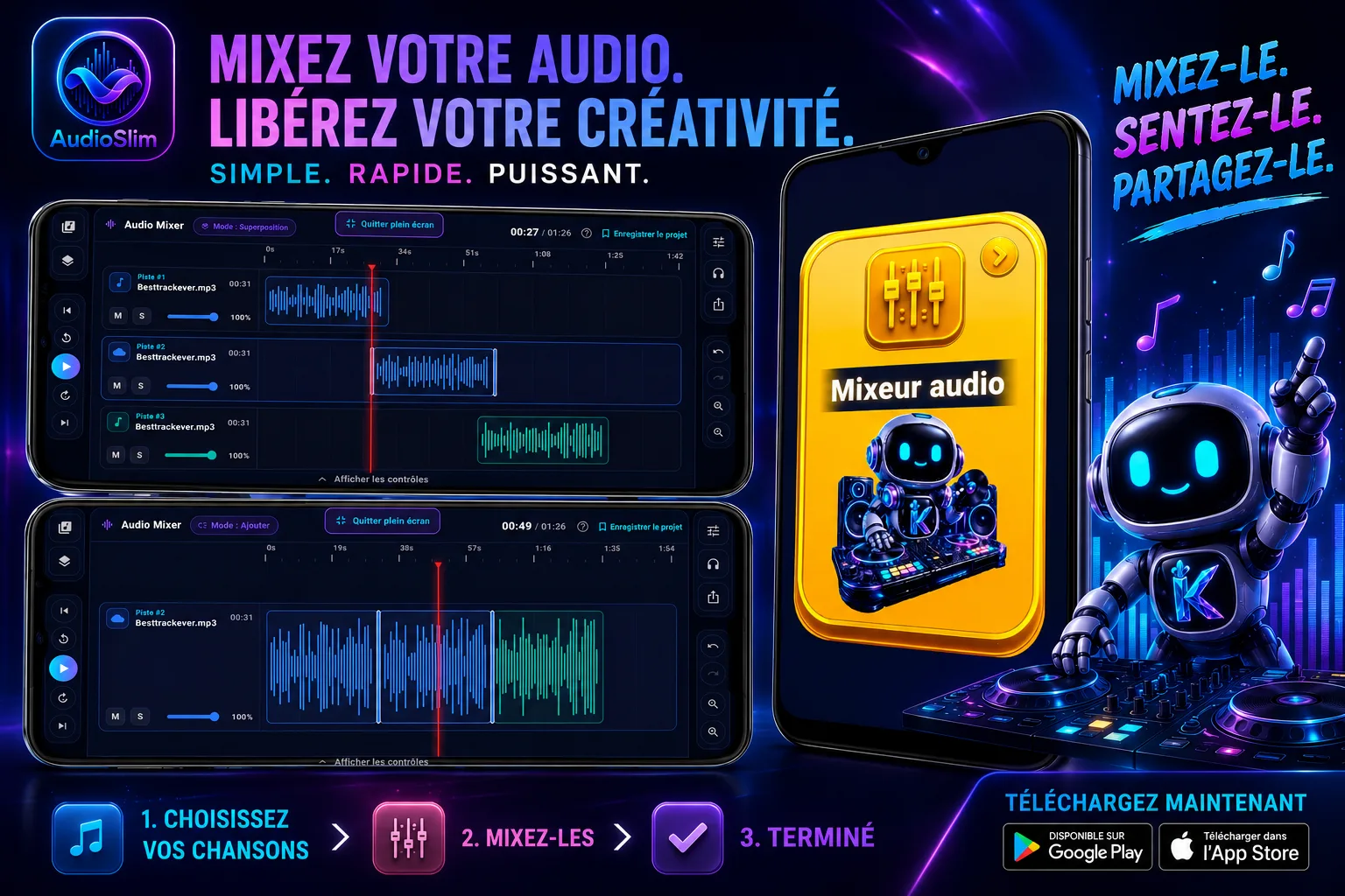 Imagen promocional de AudioSlim que muestra el mezclador de audio para combinar y ajustar el audio en Android