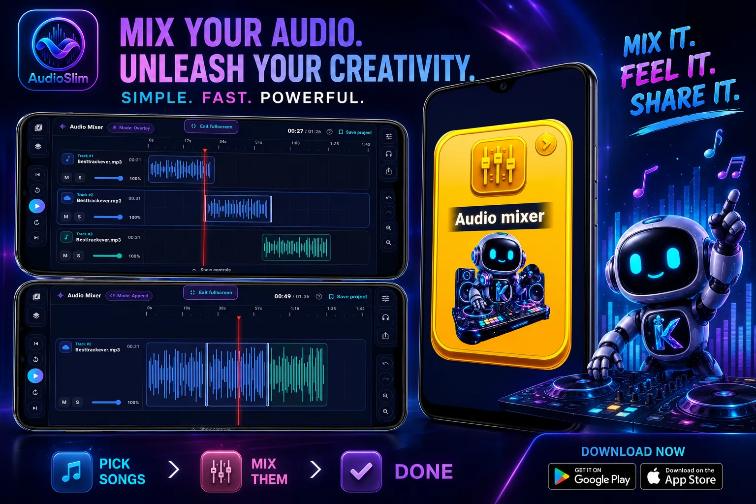 AudioSlim promotional image showing the audio mixer for combining and shaping audio on Android