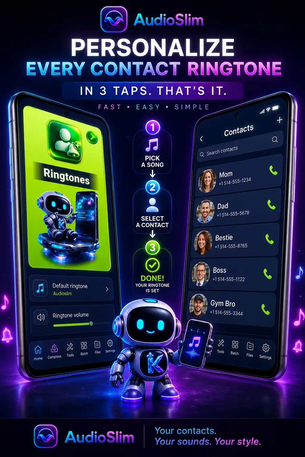 AudioSlim promotional image showing an easy way to personalize Android ringtones