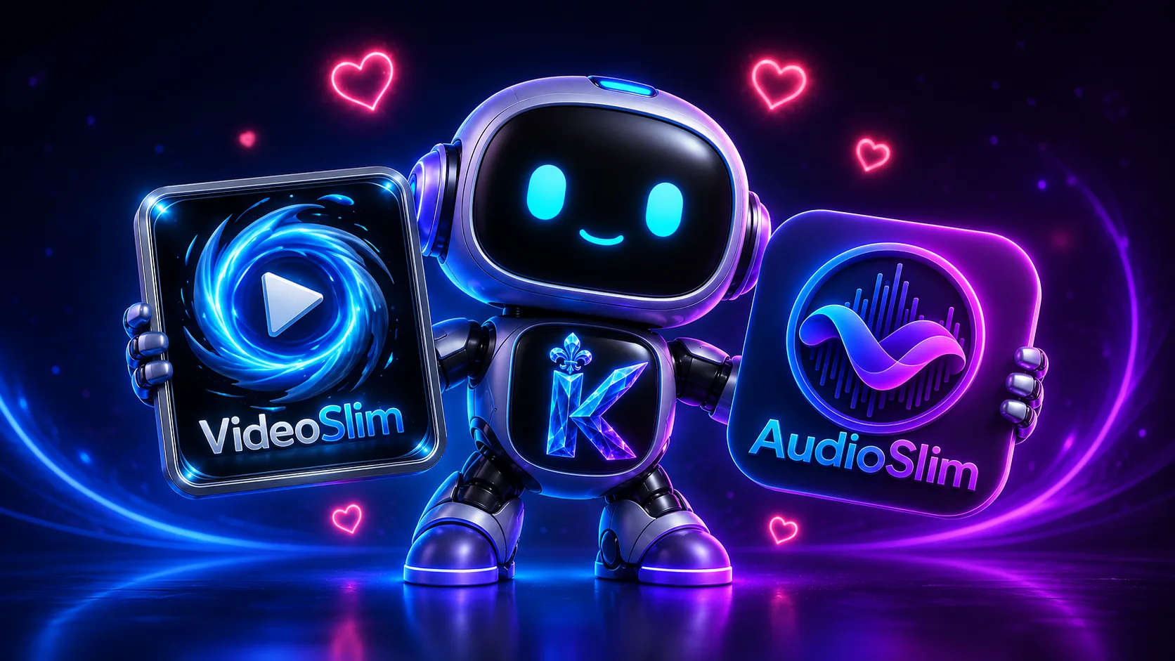 AudioSlim and VideoSlim logos with Kebek Interactive compression app artwork