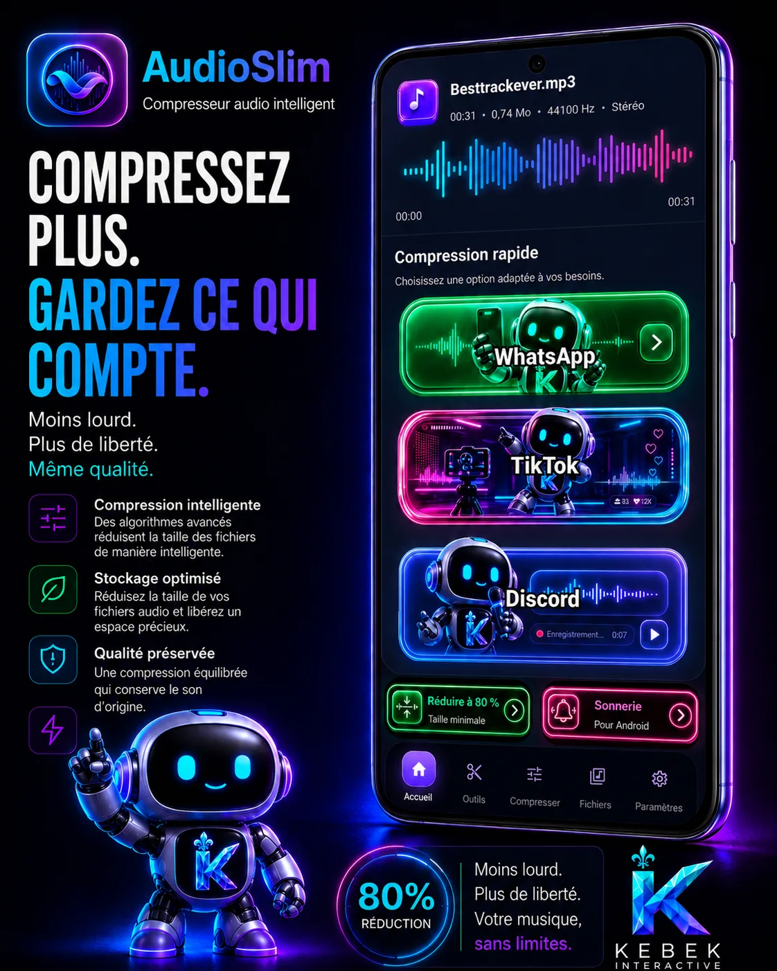 Visual de AudioSlim que muestra las herramientas de compresión, edición y limpieza de audio en Android