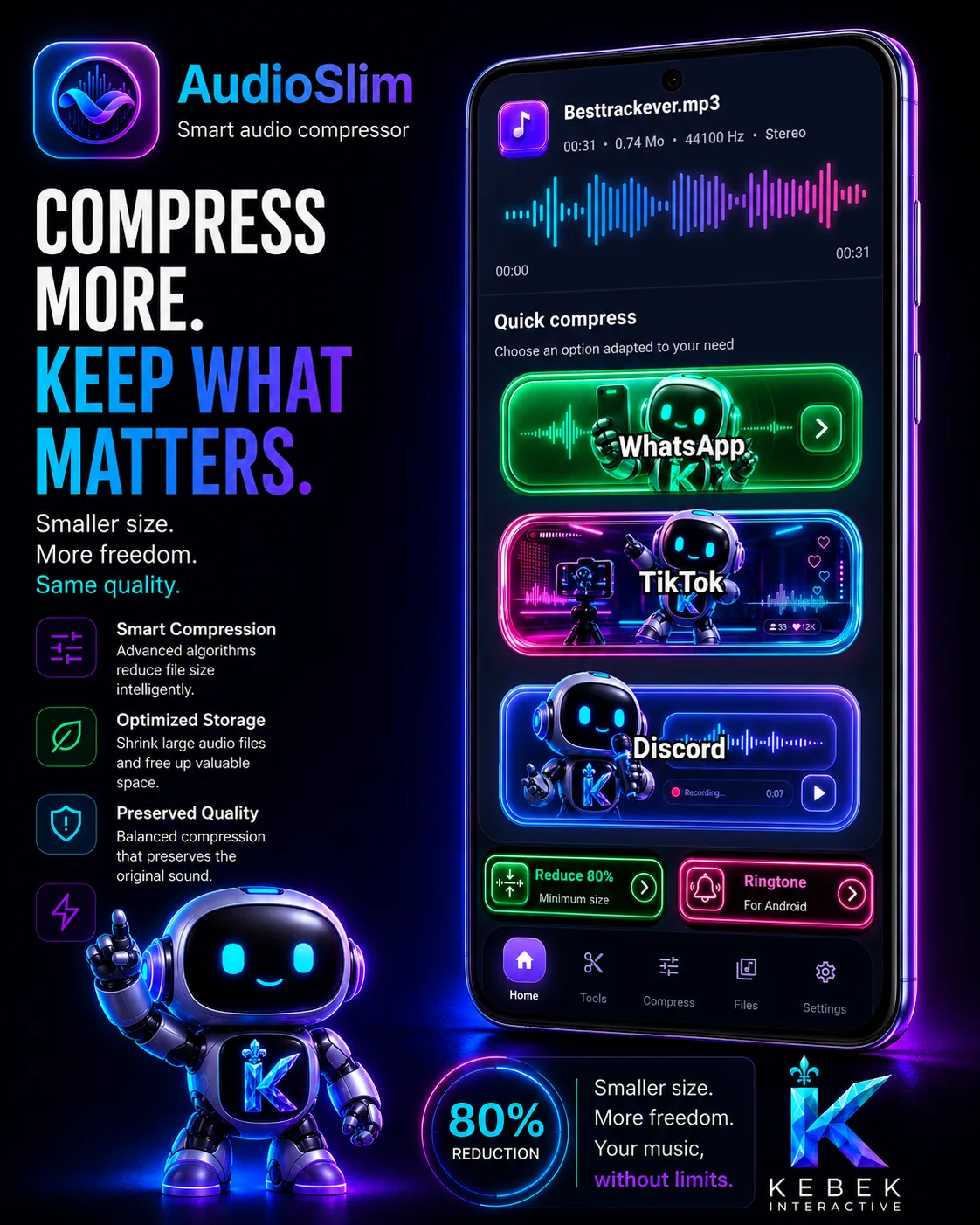 AudioSlim toolkit artwork showing Android audio compression, editing, and cleanup tools